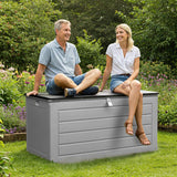 Olsen & Smith 680L MASSIVE Capacity Outdoor Garden Storage Box Plastic Shed - Weatherproof & Sit On with Wood Effect Chest