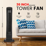 Olsen & Smith 36-inch Smart Tower Fan with Remote Control - 45W Energy Efficient 7.5m/s Quiet Portable Fan with 90° Oscillation, 4 Modes and Speeds,12-H Timer, 2x Base and LED Display - Black Mat