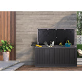 Olsen & Smith 270L MASSIVE Capacity Outdoor Garden Storage Box With Padlock Plastic Shed - Weatherproof & Sit On with Wood Effect Chest (270 Litre, Black) - Packed Direct UK