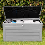 Olsen & Smith 680L MASSIVE Capacity Outdoor Garden Storage Box Plastic Shed - Weatherproof & Sit On with Wood Effect Chest - Packed Direct UK