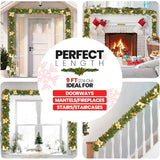 Olsen & Smith 9ft Green Pvc Garland, 168 Tips, 40 Led Light Battery Box, With Flowers, Balls, Pinecones, and Leaves Decorations - Packed Direct UK