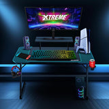 XTREME by O&S Carbon Fibre Effect Z Frame RGB PC Computer Gaming Desk with RGB LED Lights, Monitor Screen Stand, Desktop Tower Stand Trolley, Cable Management, Headset Hook & Drinks Cup Holder, Black - Packed Direct UK